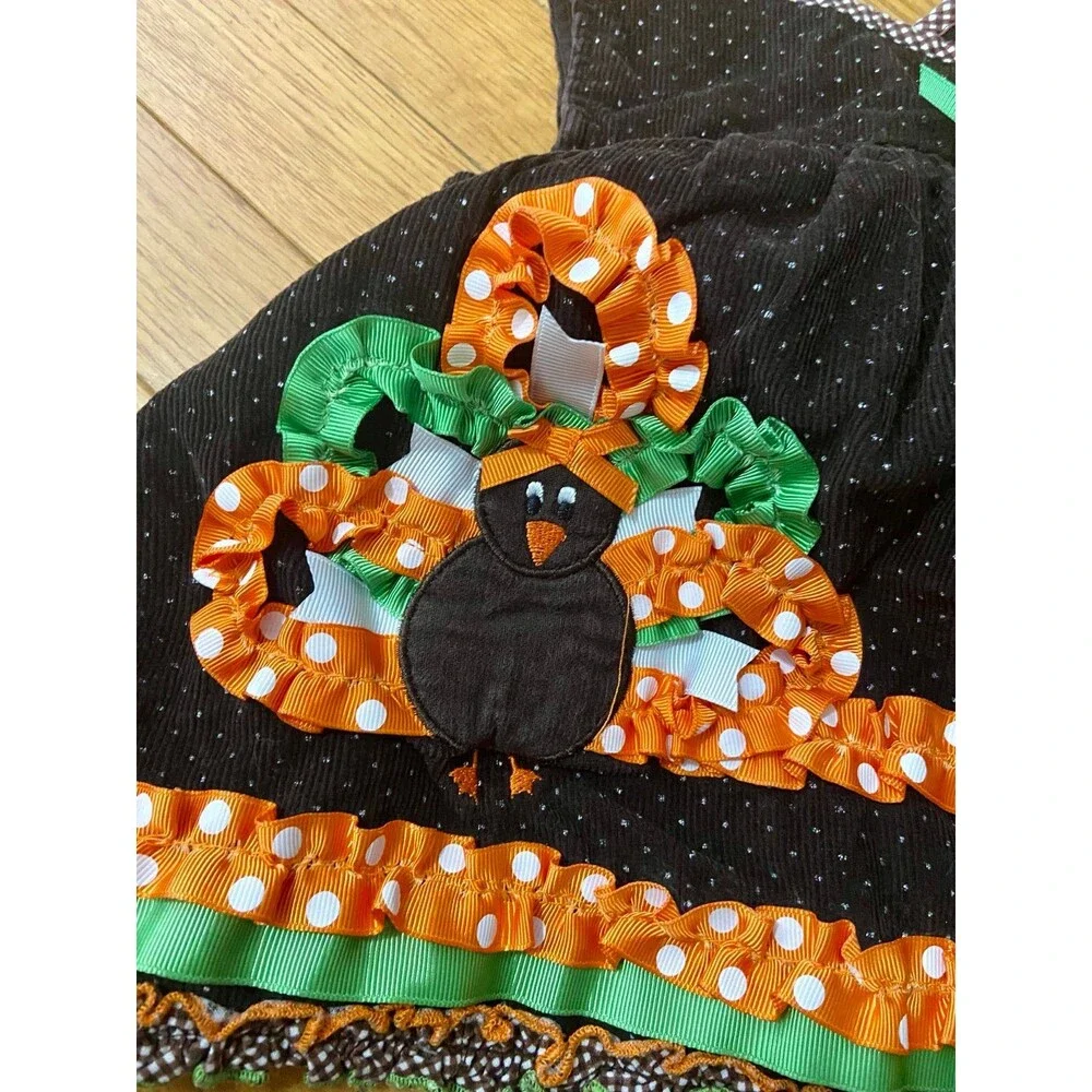 Bonnie Baby Girls Brown Corduroy Turkey Thanksgiving Ruffle Dress 12M